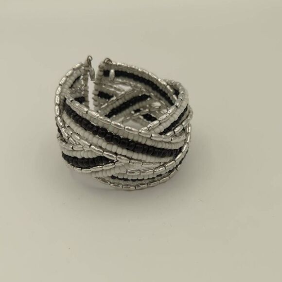 BEADED stretch open cuff bracelet black white silver - Picture 1 of 6
